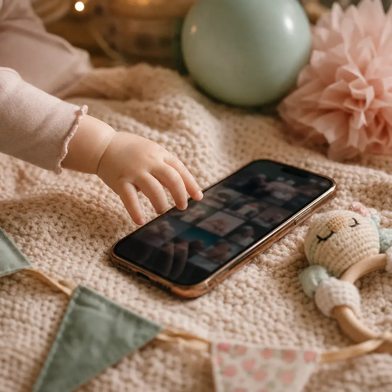 Bebek elinin telefon fotoğraf galerisine uzanması