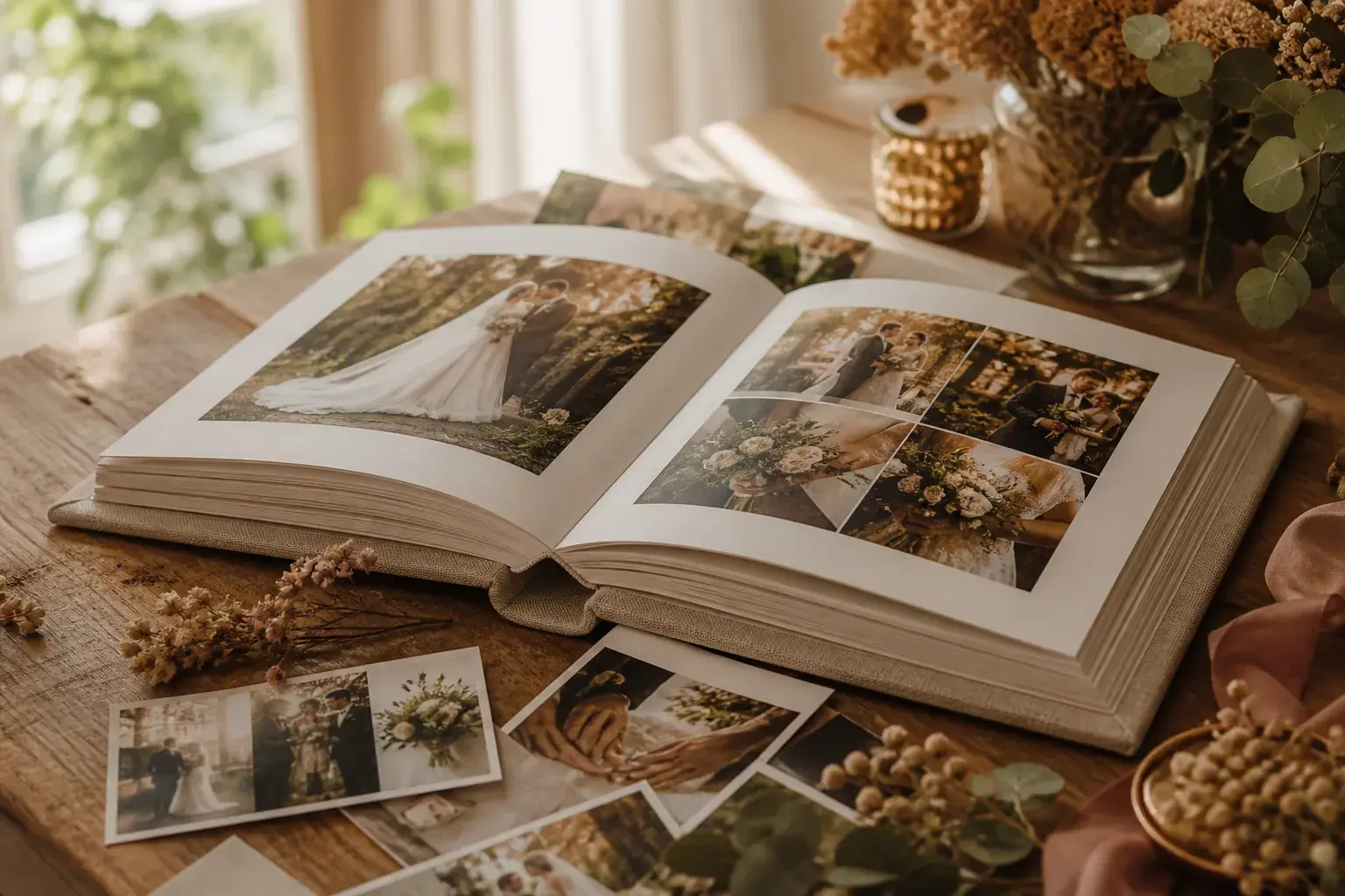 Düğün fotoğraf baskıları ile keten kapaklı albüm hazırlığı