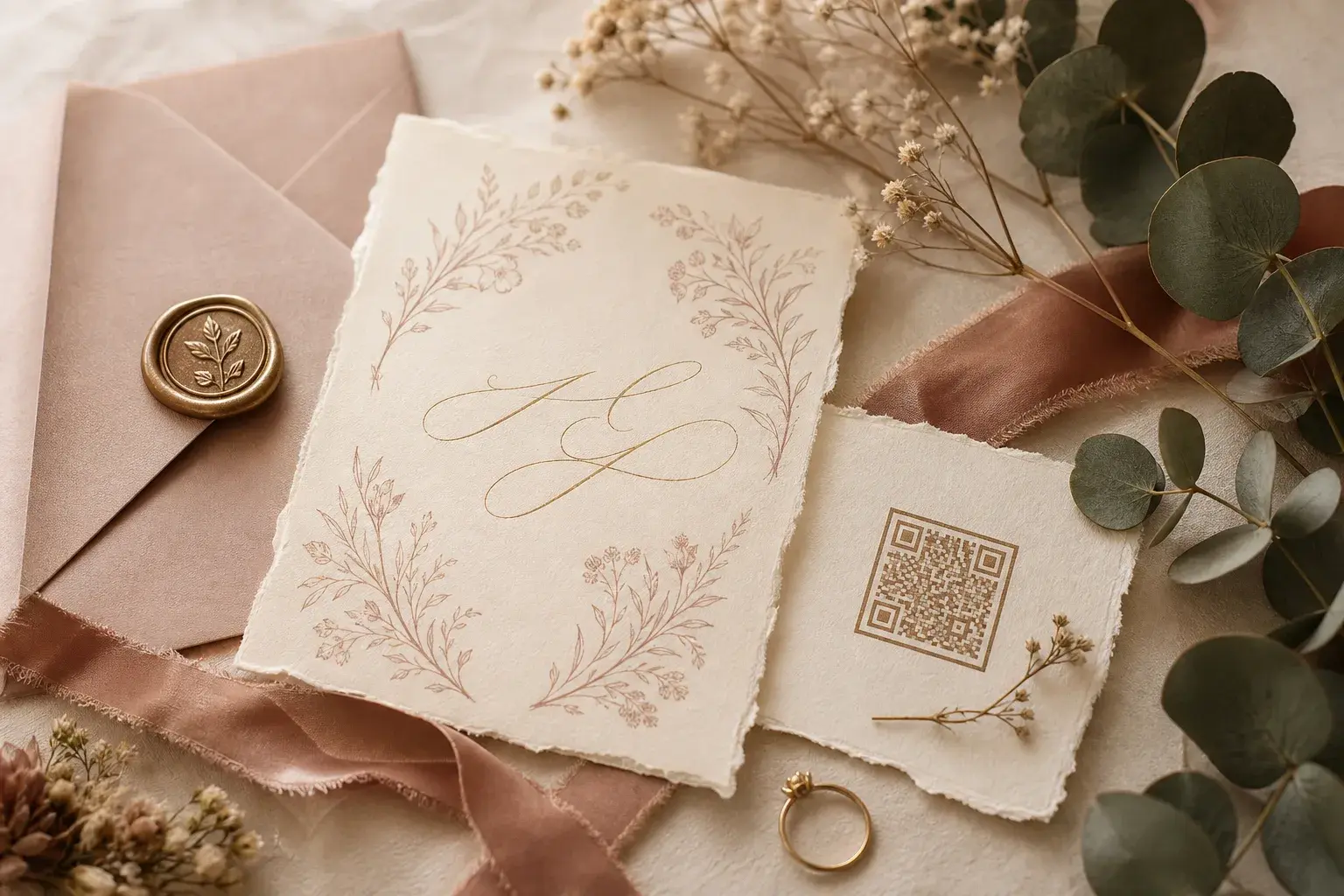 Düğün davetiyesinde QR kod tasarımı flat-lay