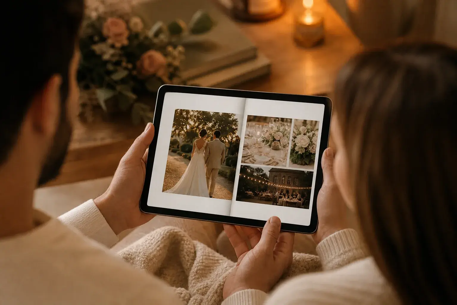 Çiftin tablette dijital düğün albümünü incelemesi