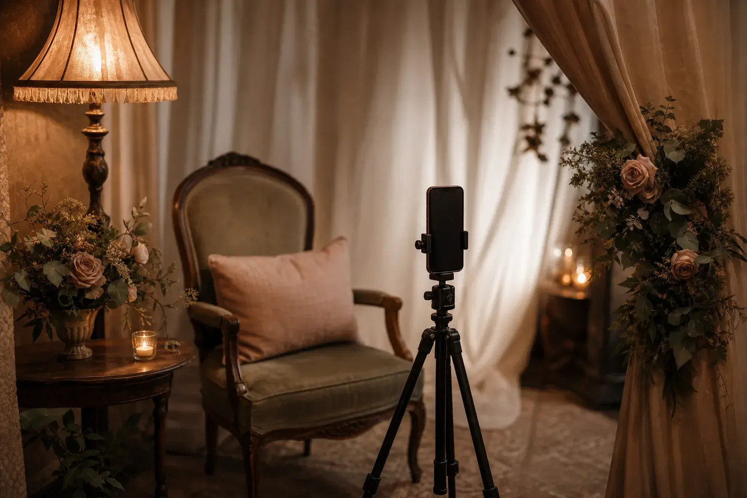Düğünde video mesaj kabini ve tripod ile kurulum köşesi