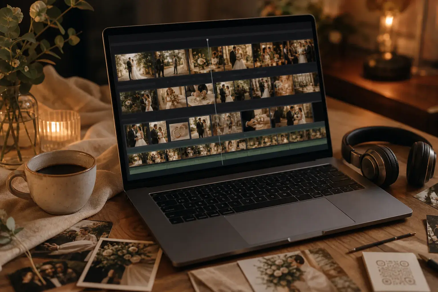 Düğün slayt filmi için laptop ekranında video kurgu zaman çizelgesi