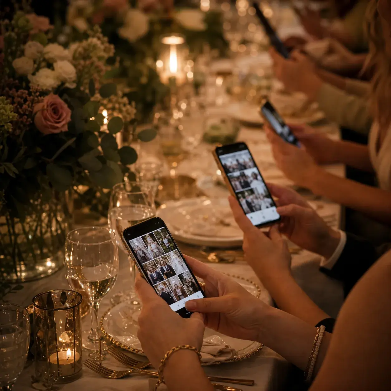 Misafirler aynı anda telefonlarıyla düğün fotoğrafı çekerken