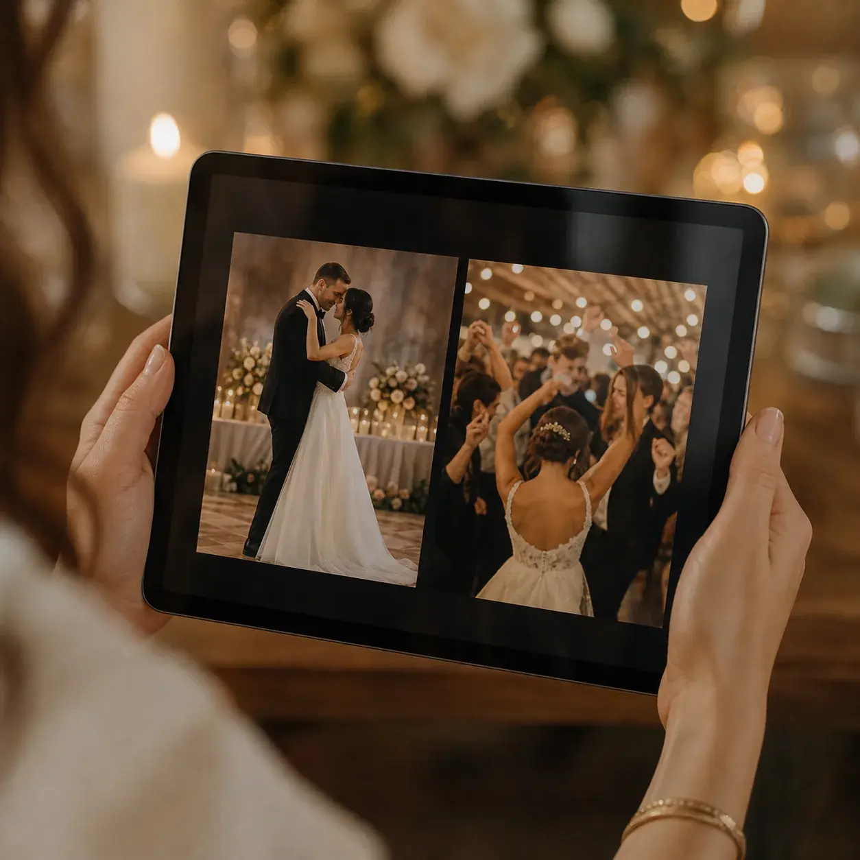 Tablet ekranında profesyonel ve misafir düğün karelerinin karşılaştırması