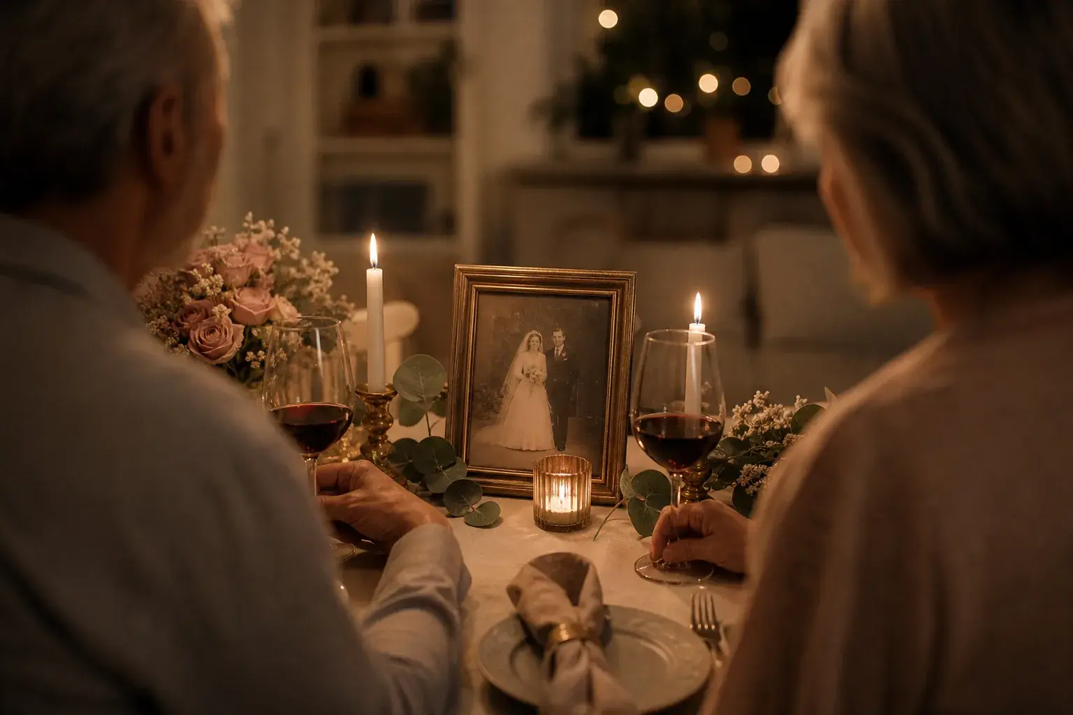 Evlilik yıl dönümünde mum ışığında romantik akşam kutlaması