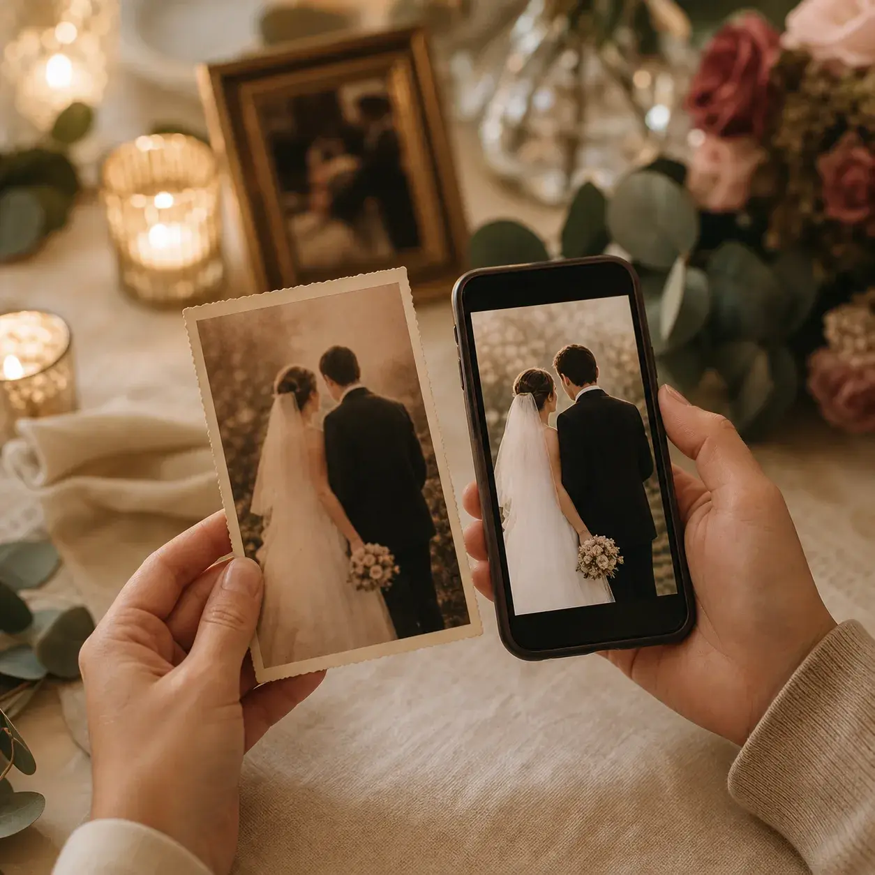 Yıl dönümünde eski baskı fotoğraf ile telefondaki yeni fotoğraf yan yana